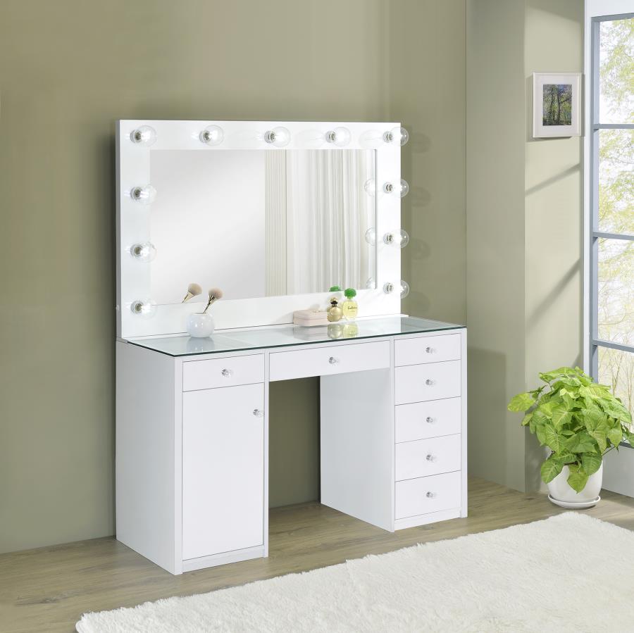 Acena 7-drawer Glass Top Vanity Desk with Lighting White