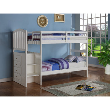 Donco 840 Twin/ Twin Arch Mission Stairway Bunkbed White Built in Chest